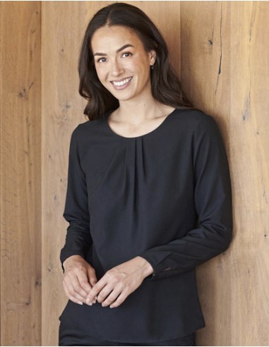 HEN-H598-Ladies Pleat Front Long Sleeved Blouse